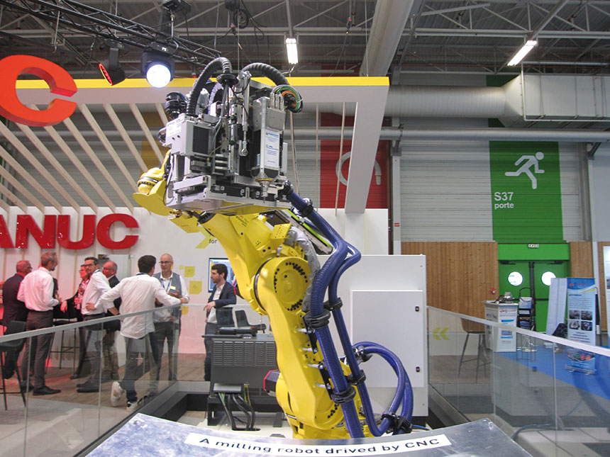 Fanuc a développé, en partenariat avec Airbus Atlantic, Hexagon et Pracartis, une solution d’usinage intelligente comportant un robot R2000iC/190S doté du mini centre d’usinage 3 axes Precibot distingué d’un Micron d’Or au salon Micronora 2022. Source : MS