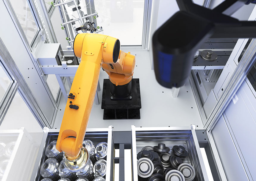 Le constructeur allemand Emag propose différentes solutions d’automatisation de ses machines. Ici, un exemple de prise en vrac robotisée. 
Source : Emag