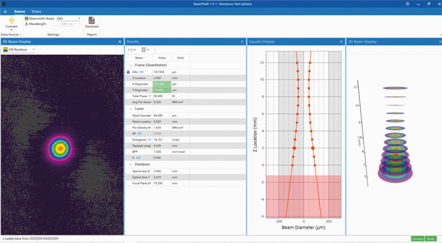 Spécialement conçu pour les techniciens de maintenance, le logiciel pour l'appareil de mesure Ophir BeamPeek mesure rapidement et précisément les paramètres des lasers utilisés en fabrication additive. Source : MKS Instruments