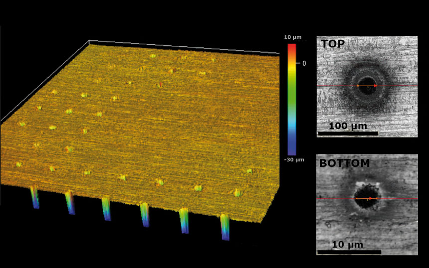 Profil de surface de tôle en acier inoxydable après perçage (à gauche). Photos du trou de la surface supérieure (diamètre 30 µm) et du trou de la surface inférieure (diamètre 3 µm). Source : Light Conversion