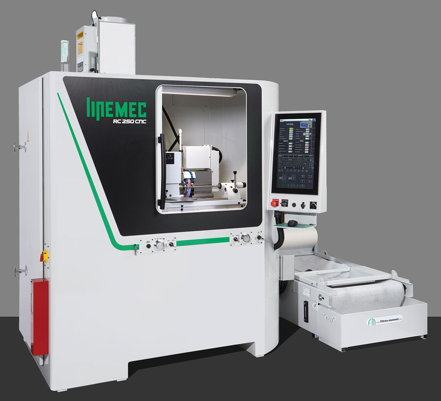 Destinée à la réalisation de formes complexes en rectification intérieure et extérieure, la machine à commande numérique RC250CNC permet des interpolations linéaires et circulaires entre les axes transversal et longitudinal. Source : Lipemec