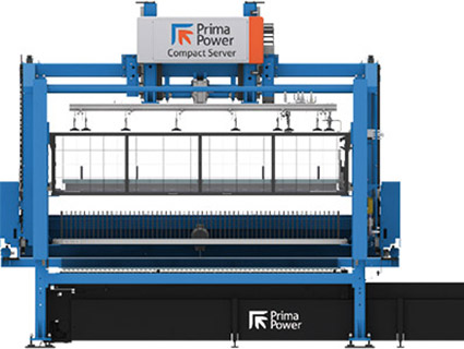 Solution modulaire, Platino Linear s'intègre à une large gamme de modules d'automatisation pour le chargement, le déchargement, la préparation de commandes, le tri et l'empilage de tôles et de pièces. Source : Prima Power