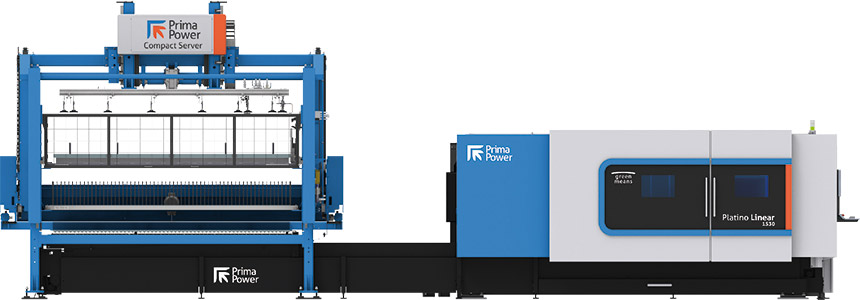 Solution modulaire, Platino Linear s'intègre à une large gamme de modules d'automatisation pour le chargement, le déchargement, la préparation de commandes, le tri et l'empilage de tôles et de pièces. Source : Prima Power