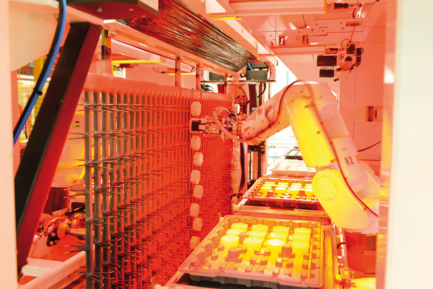 Dédiés au montage et au démontage des pièces sur les supports de traitement de surfaces, les robots Rovaldy s’adaptent aux supports. Source : Siléane