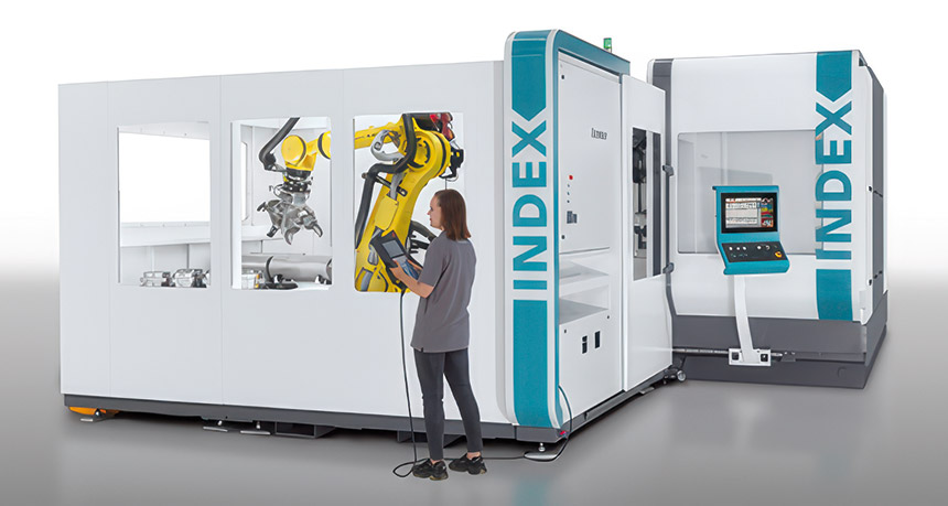 La cellule iXcenter d’Index est dotée d’un robot 6 axes avec une charge utile de 7,5 kg et commande de préhenseur intégrée. Elle peut être connectée à la machine-outil pour assurer des opérations d’alimentation et d’évacuation des pièces usinées. Source : Index