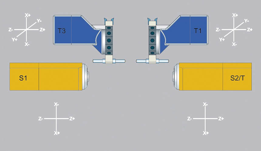 La variante Twin dispose de deux tourelles qui se trouvent en haut, ce qui est particulièrement avantageux pour les applications spéciales, par exemple, dans l'usinage des matières plastiques avec aspiration sous les broches. Source : Spinner