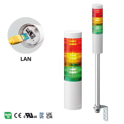 Conçue pour simplifier la signalisation et la supervision en atelier, la gamme d'éclairages LED de précision LR5-LAN se connecte directement au réseau LAN de l'usine sans module d'E/S supplémentaire. Source : Patlite