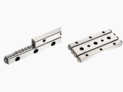 Le guidage linéaire HV se compose d’un ensemble de quatre rails, de deux cages à rouleaux de type RH équipées de rouleaux de précision disposés en croix, ainsi que de huit pièces d’extrémité. Source : NB Europe