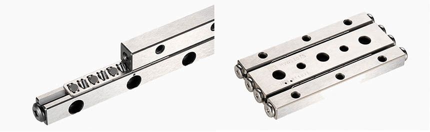 Le guidage linéaire HV se compose d’un ensemble de quatre rails, de deux cages à rouleaux de type RH équipées de rouleaux de précision disposés en croix, ainsi que de huit pièces d’extrémité. Source : NB Europe