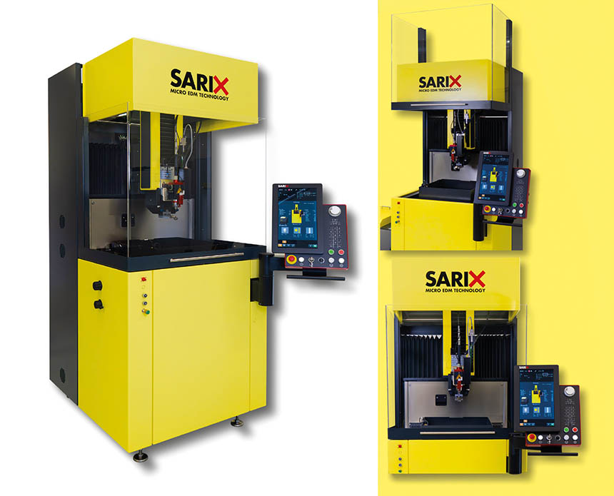 Compacte, la machine SX30 assure le perçage à grande vitesse par micro-électroérosion et est adaptée aux travaux allant de moins de 1,5 mm à 100 micromètres. Source : Sarix
