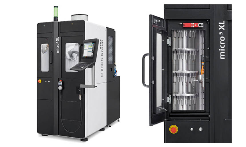 Le centre d’usinage Micro5 XL dispose de trois nouvelles variantes d'automatisation, comme le système Variocell PALLET pour la manutention des palettes à point zéro. Source : Chiron